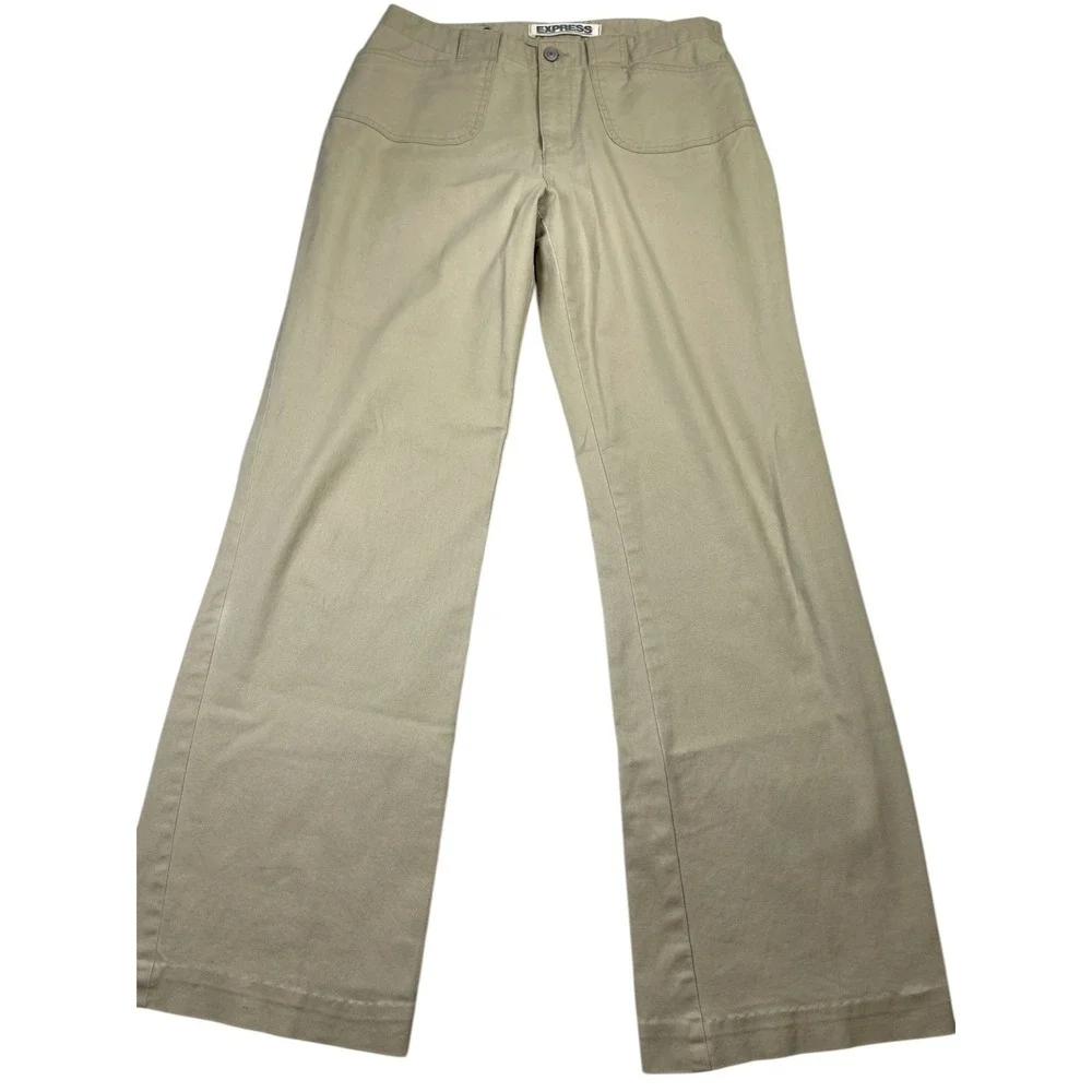 Express Pants Women 11/12 Beige Cotton Stretch Pockets High-Rise Wide Leg Preppy